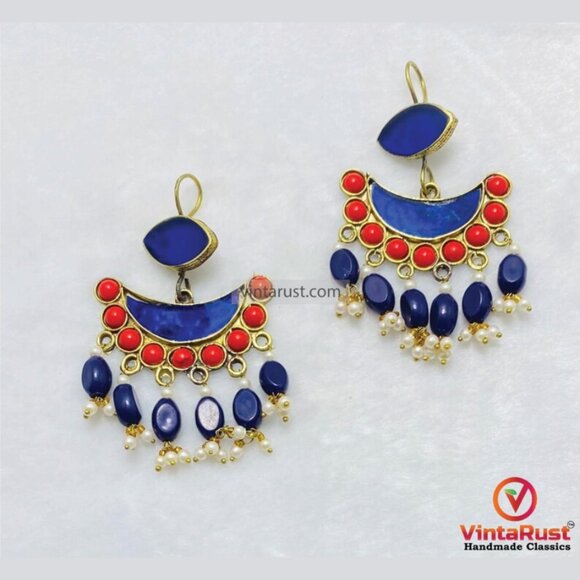 Gypsy Style Statement Earrings: Blue and Red Dangling Earrings - Picture 1 of 5